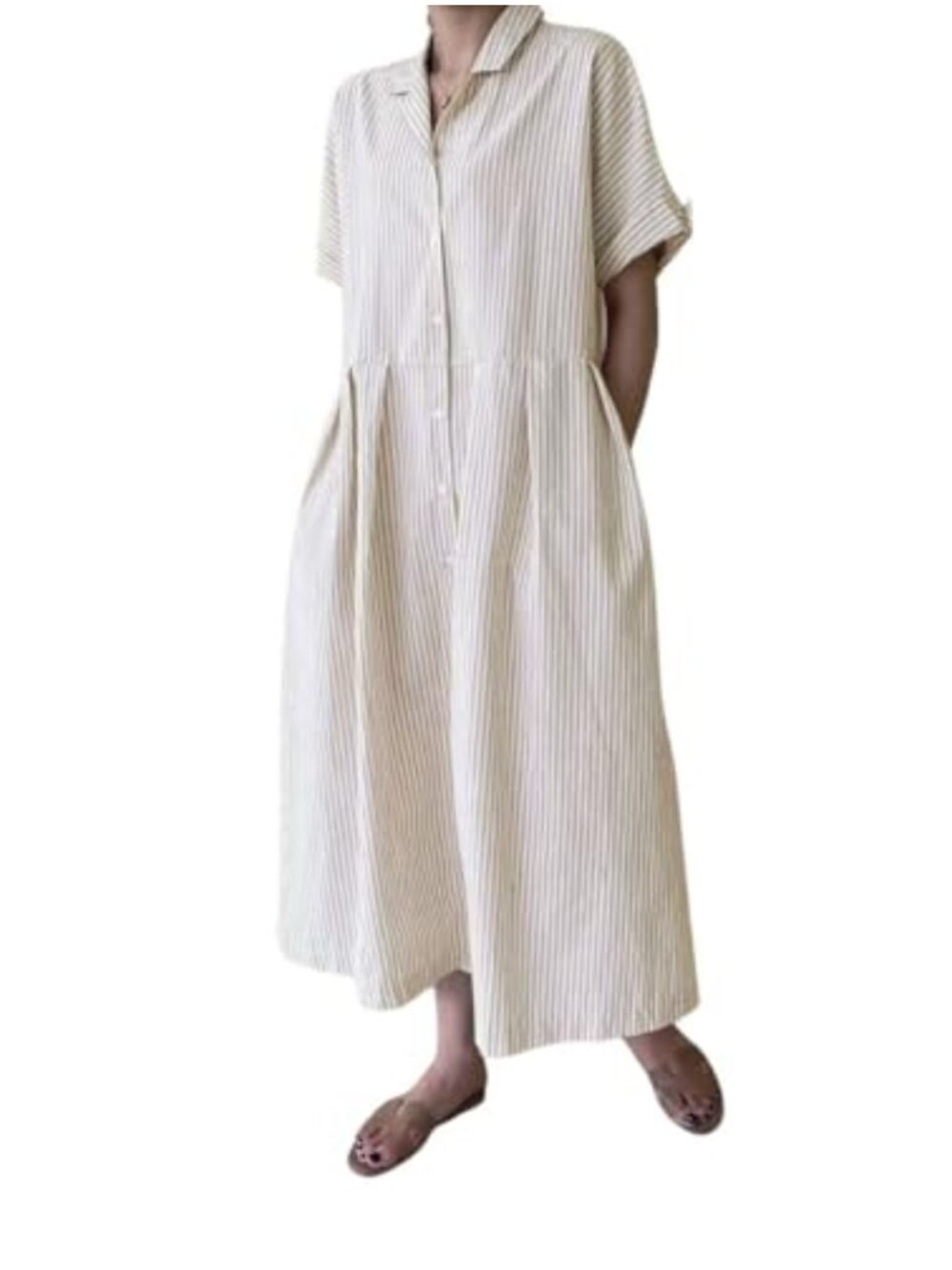 Women's Cotton Striped Midi Shift Dress Button Up Short Sleeve with Pockets - Picture 1 of 3